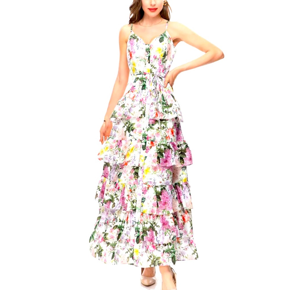 Sunfere NWT Rosana Floral Tiered Ruffle Maxi Dress size L